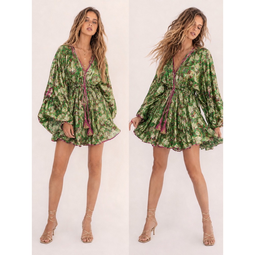 Miss June Paris Mini Dress Womens OS Green Excellent Metallic Paisley Boho Lurex